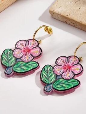 Women's Pink Floral Drop Earrings with Green Leaves